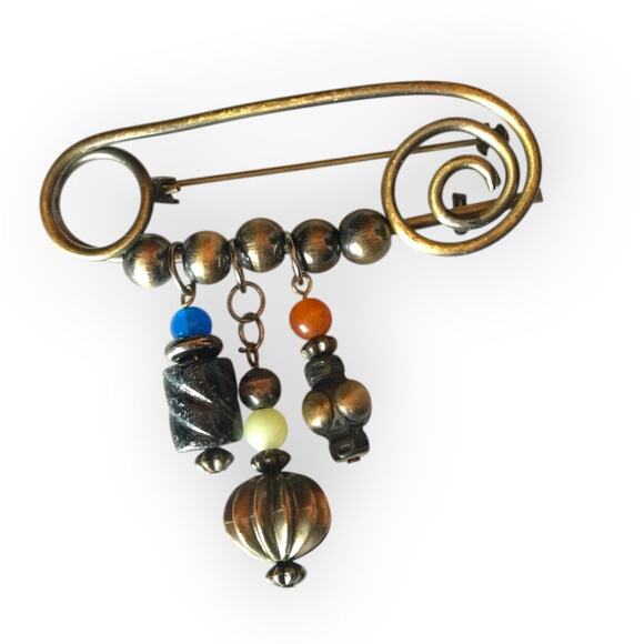 Safety Pin style Brooch, pin with mixed media dangles - Picture 1 of 8